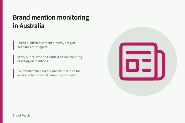 Brand mention monitoring in Australia: Check published content directly, not just headlines or snippets.; Verify outlet, date and context before counting or acting on mentions.; Follow Australian Press Council principles for accuracy, fairness and correction requests. Brand mention monitoring