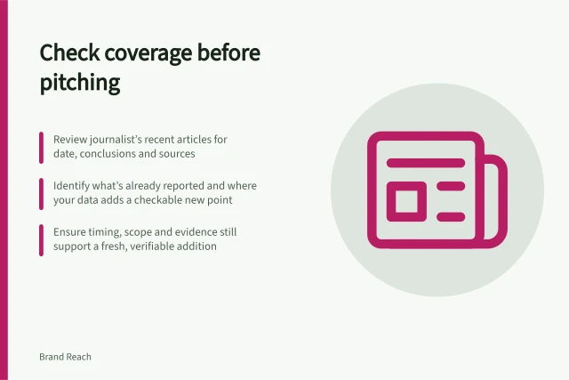Check coverage before pitching: Review journalist’s recent articles for date, conclusions and sources; Identify what’s already reported and where your data adds a checkable new point; Ensure timing, scope and evidence still support a fresh, verifiable addition. Checking recent coverage before sending a pitch