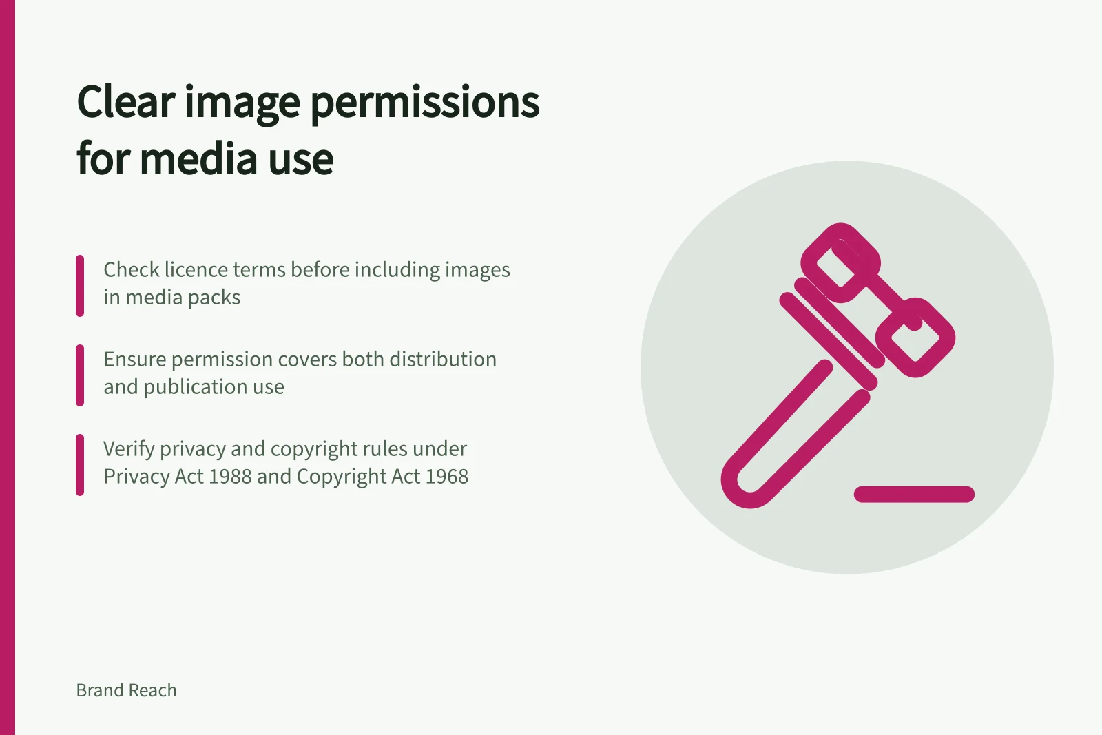 Clear image permissions for media use: Check licence terms before including images in media packs; Ensure permission covers both distribution and publication use; Verify privacy and copyright rules under Privacy Act 1988 and Copyright Act 1968