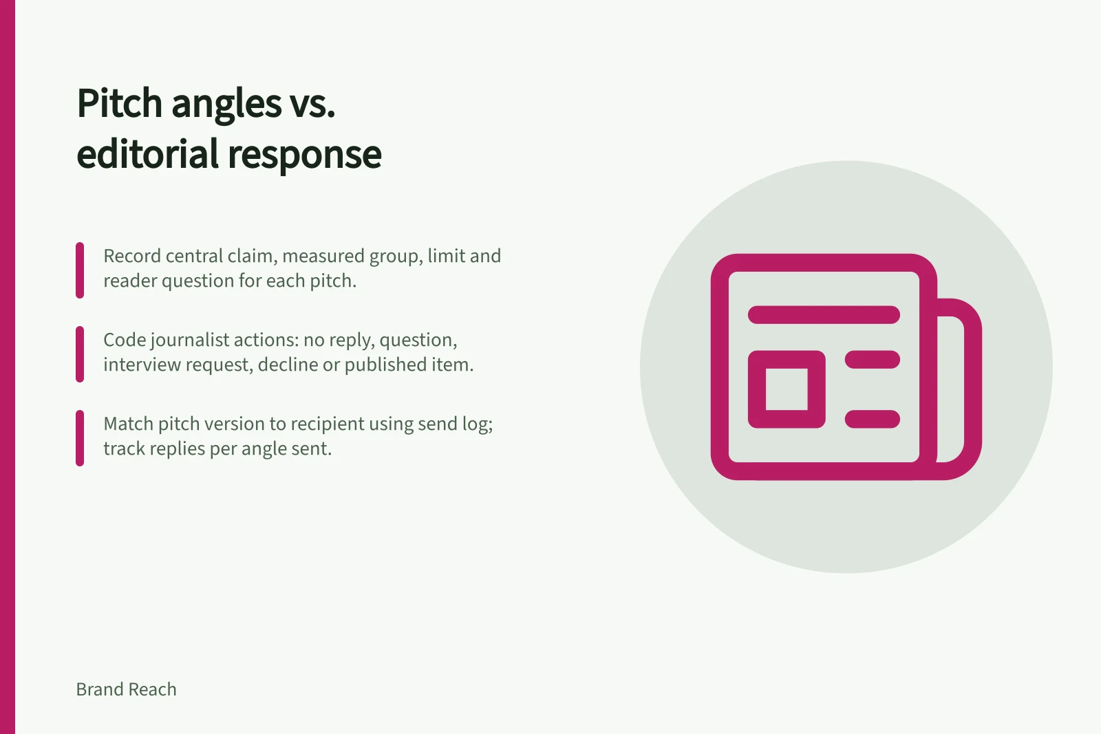 Pitch angles vs. editorial response: Record central claim, measured group, limit and reader question for each pitch.; Code journalist actions: no reply, question, interview request, decline or published item.; Match pitch version to recipient using send log; track replies per angle sent.