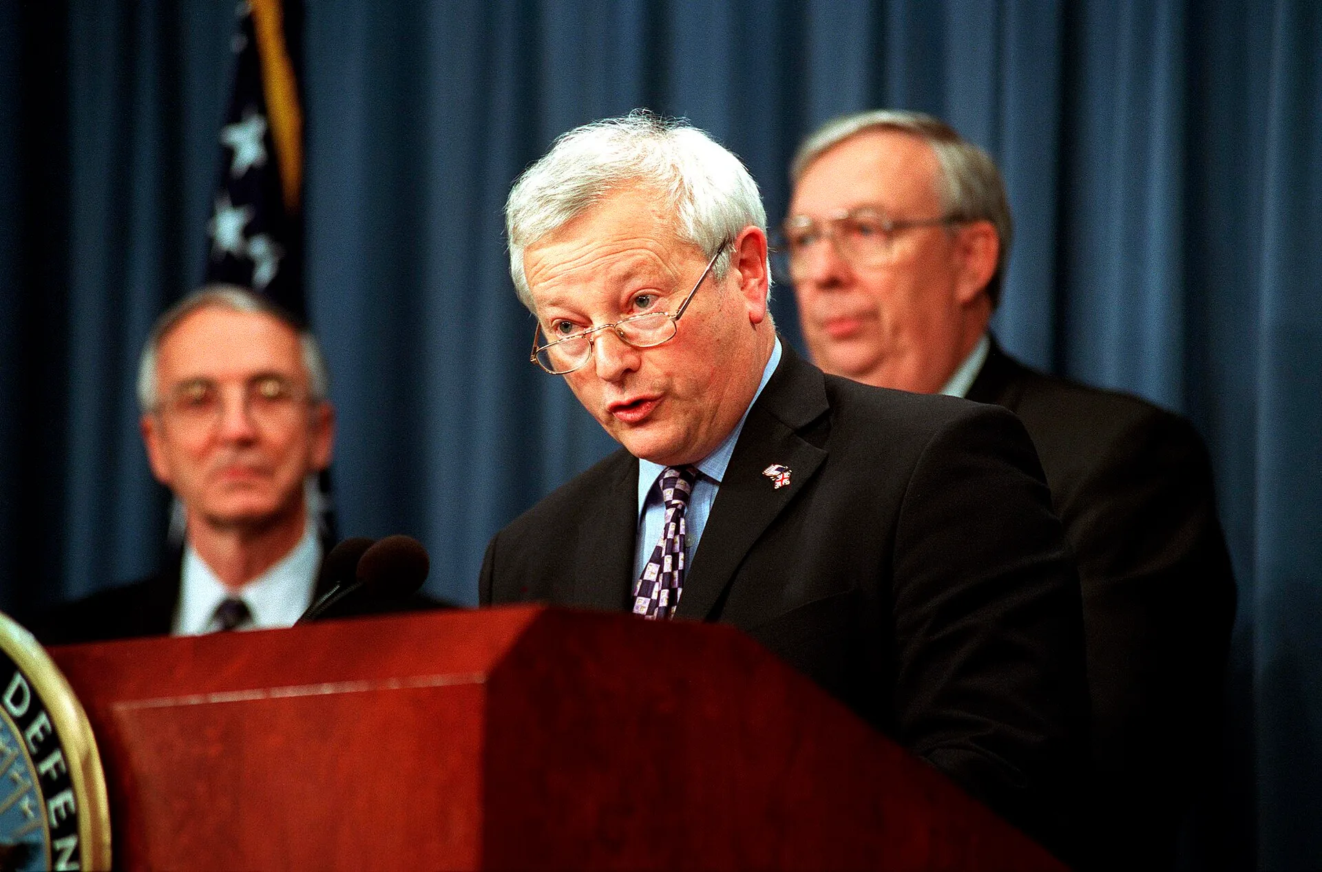 United Kingdom's Minister of Defence for Procurement Lord Willy Bach comments on the selection of the Lockheed Martin team to produce the Joint Strike Fighter during a Pentagon press conference on Oct. 26, 2001. The Joint Strike Fighter is a multi-service, multi-nation, family of warplanes which wil