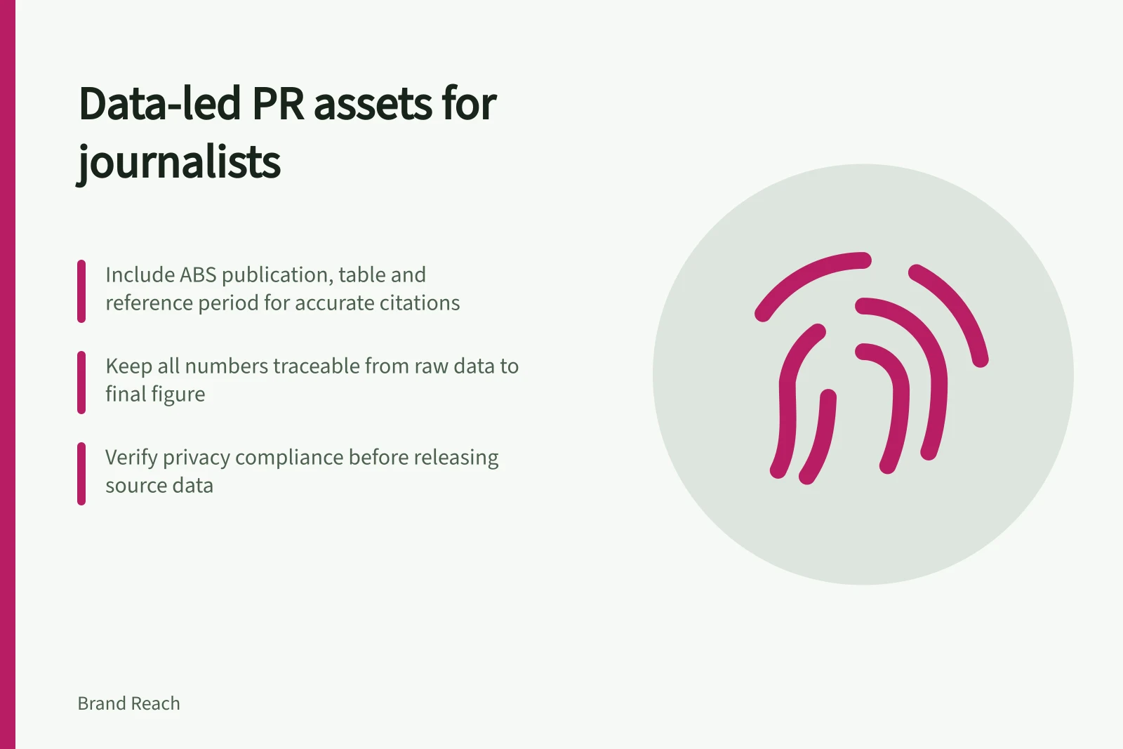 Data-led PR assets for journalists: Include ABS publication, table and reference period for accurate citations; Keep all numbers traceable from raw data to final figure; Verify privacy compliance before releasing source data
