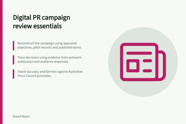 Digital PR campaign review essentials: Reconstruct the campaign using approved objectives, pitch records and published items.; Trace decisions using evidence from outreach, publication and audience responses.; Check accuracy and fairness against Australian Press Council principles. Digital PR campaign reviews