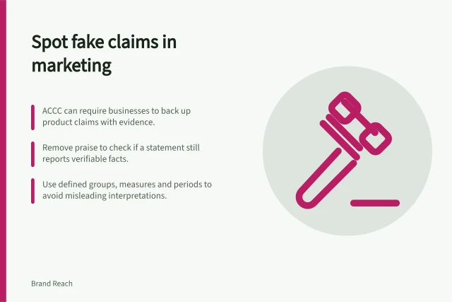 Spot fake claims in marketing: ACCC can require businesses to back up product claims with evidence.; Remove praise to check if a statement still reports verifiable facts.; Use defined groups, measures and periods to avoid misleading interpretations. Distinguishing a real finding from a promotional claim