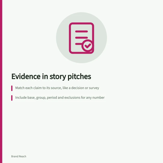 Evidence in story pitches: Match each claim to its source, like a decision or survey; Include base, group, period and exclusions for any number; Offer checkable material such as tables or expert contact. Explaining the evidence behind a proposed story