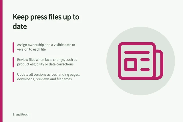 Keep press files up to date: Assign ownership and a visible date or version to each file; Review files when facts change, such as product eligibility or data corrections; Update all versions across landing pages, downloads, previews and filenames. Keeping downloadable press materials current