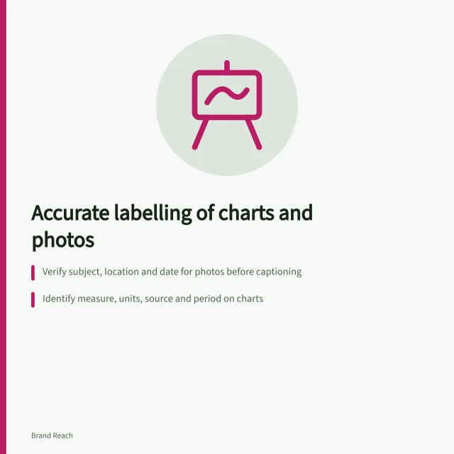Accurate labelling of charts and photos: Verify subject, location and date for photos before captioning; Identify measure, units, source and period on charts; Include data source, version and extraction date with charts. Labelling charts and photographs accurately