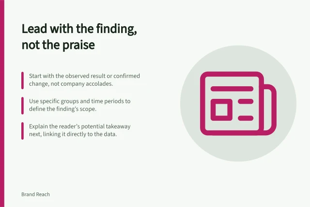 Lead with the finding, not the praise: Start with the observed result or confirmed change, not company accolades.; Use specific groups and time periods to define the finding’s scope.; Explain the reader’s potential takeaway next, linking it directly to the data. Leading with the finding rather than company praise