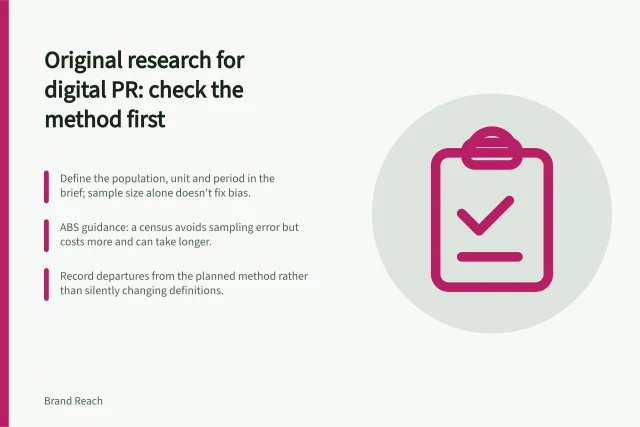 Original research for digital PR: check the method first: Define the population, unit and period in the brief; sample size alone doesn't fix bias.; ABS guidance: a census avoids sampling error but costs more and can take longer.; Record departures from the planned method rather than silently changing definitions. Original research for digital PR