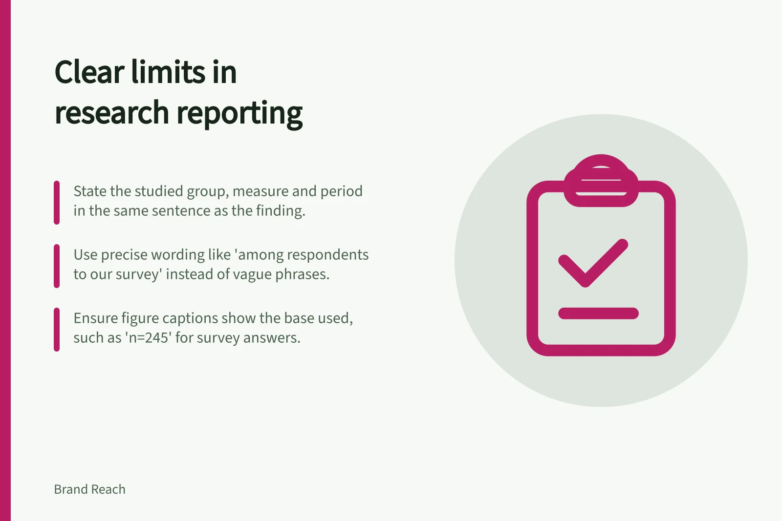 Clear limits in research reporting: State the studied group, measure and period in the same sentence as the finding.; Use precise wording like 'among respondents to our survey' instead of vague phrases.; Ensure figure captions show the base used, such as 'n=245' for survey answers.