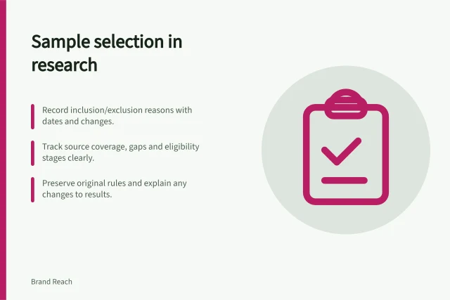 Sample selection in research: Record inclusion/exclusion reasons with dates and changes.; Track source coverage, gaps and eligibility stages clearly.; Preserve original rules and explain any changes to results. Recording sample selection and exclusions