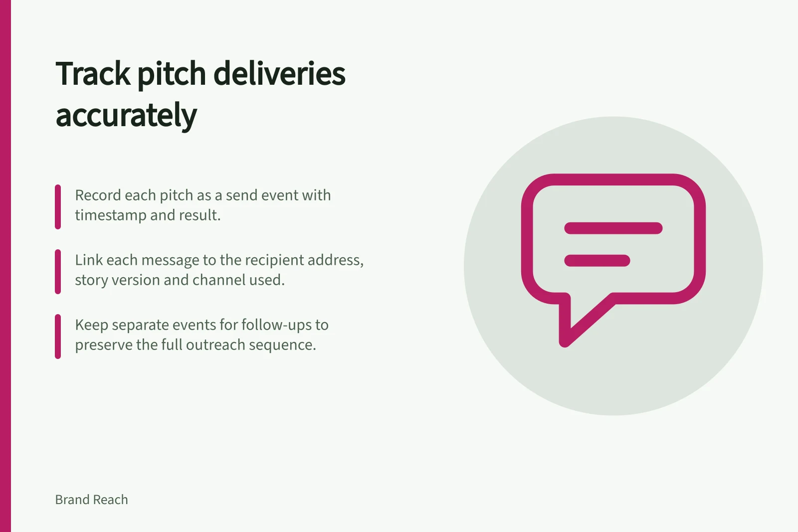 Track pitch deliveries accurately: Record each pitch as a send event with timestamp and result.; Link each message to the recipient address, story version and channel used.; Keep separate events for follow-ups to preserve the full outreach sequence.