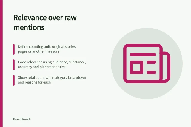 Relevance over raw mentions: Define counting unit: original stories, pages or another measure; Code relevance using audience, substance, accuracy and placement rules; Show total count with category breakdown and reasons for each. Relevant coverage versus raw mention counts