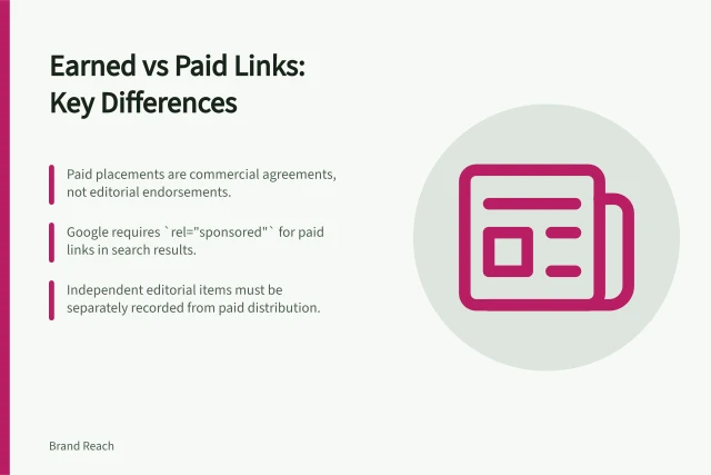Earned vs Paid Links: Key Differences: Paid placements are commercial agreements, not editorial endorsements.; Google requires `rel="sponsored"` for paid links in search results.; Independent editorial items must be separately recorded from paid distribution. Separating earned links from paid distribution