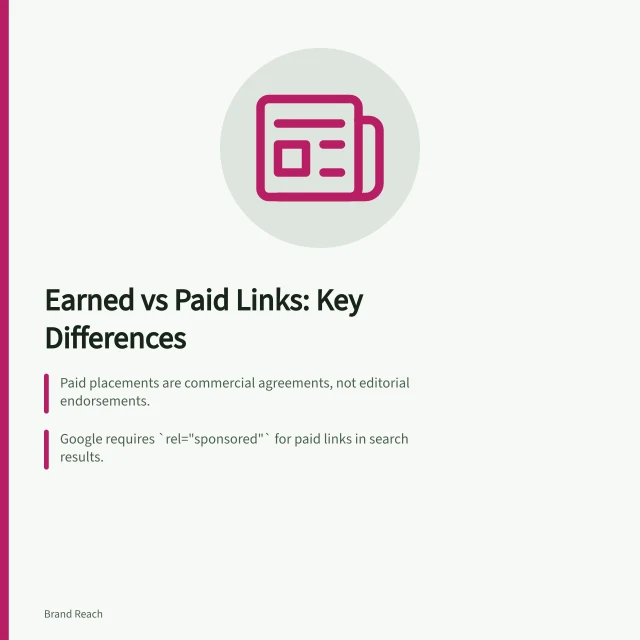 Earned vs Paid Links: Key Differences: Paid placements are commercial agreements, not editorial endorsements.; Google requires `rel="sponsored"` for paid links in search results.; Independent editorial items must be separately recorded from paid distribution. Separating earned links from paid distribution