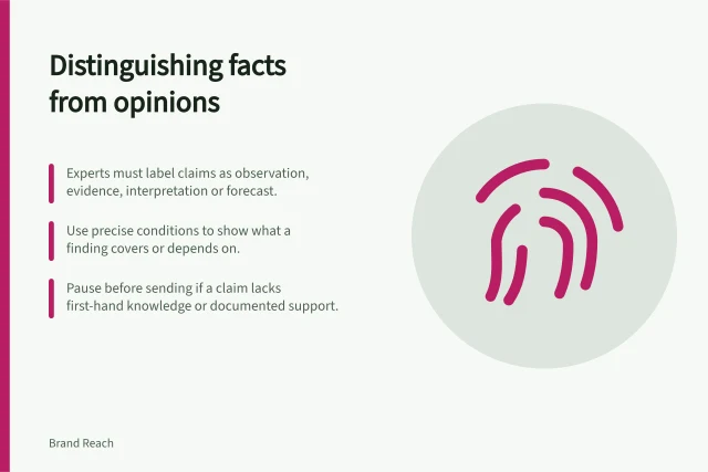 Distinguishing facts from opinions: Experts must label claims as observation, evidence, interpretation or forecast.; Use precise conditions to show what a finding covers or depends on.; Pause before sending if a claim lacks first-hand knowledge or documented support. Separating expert knowledge from speculation