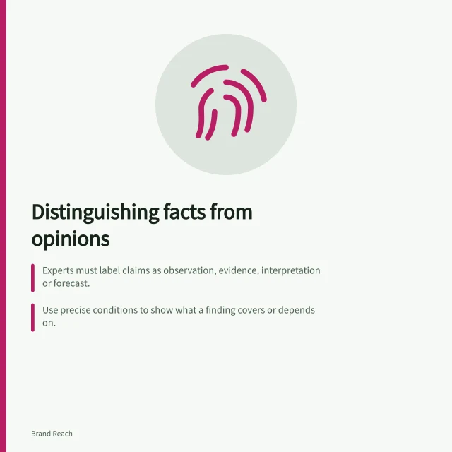 Distinguishing facts from opinions: Experts must label claims as observation, evidence, interpretation or forecast.; Use precise conditions to show what a finding covers or depends on.; Pause before sending if a claim lacks first-hand knowledge or documented support. Separating expert knowledge from speculation