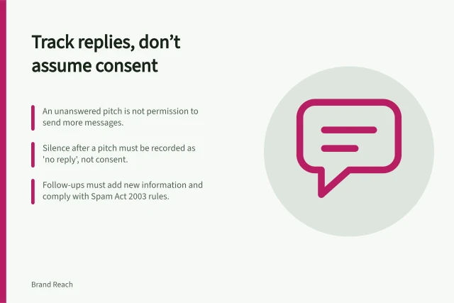 Track replies, don’t assume consent: An unanswered pitch is not permission to send more messages.; Silence after a pitch must be recorded as 'no reply', not consent.; Follow-ups must add new information and comply with Spam Act 2003 rules. Tracking replies without treating silence as consent
