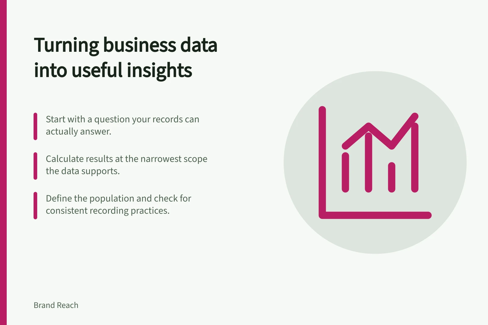 Turning business data into useful insights: Start with a question your records can actually answer.; Calculate results at the narrowest scope the data supports.; Define the population and check for consistent recording practices.
