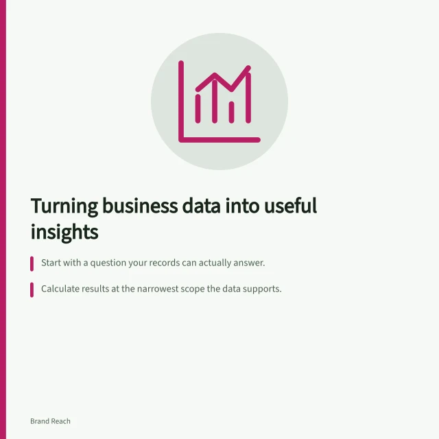 Turning business data into useful insights: Start with a question your records can actually answer.; Calculate results at the narrowest scope the data supports.; Define the population and check for consistent recording practices. Turning original business data into a useful finding